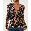 imageBTFBM Button Down Shirts for Women Fall Fashion 2025 V Neck Long Sleeve Blouse Ruched Mesh Fitted Floral Print Boho TopsBlack