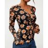 imageBTFBM Button Down Shirts for Women Fall Fashion 2025 V Neck Long Sleeve Blouse Ruched Mesh Fitted Floral Print Boho TopsBlack