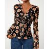 imageBTFBM Button Down Shirts for Women Fall Fashion 2025 V Neck Long Sleeve Blouse Ruched Mesh Fitted Floral Print Boho TopsBlack