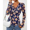 imageBTFBM Button Down Shirts for Women Fall Fashion 2025 V Neck Long Sleeve Blouse Ruched Mesh Fitted Floral Print Boho TopsBlue