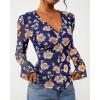 imageBTFBM Button Down Shirts for Women Fall Fashion 2025 V Neck Long Sleeve Blouse Ruched Mesh Fitted Floral Print Boho TopsBlue