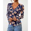 imageBTFBM Button Down Shirts for Women Fall Fashion 2025 V Neck Long Sleeve Blouse Ruched Mesh Fitted Floral Print Boho TopsBlue