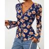 imageBTFBM Button Down Shirts for Women Fall Fashion 2025 V Neck Long Sleeve Blouse Ruched Mesh Fitted Floral Print Boho TopsBlue
