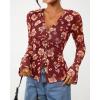 imageBTFBM Button Down Shirts for Women Fall Fashion 2025 V Neck Long Sleeve Blouse Ruched Mesh Fitted Floral Print Boho TopsBrown
