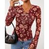 imageBTFBM Button Down Shirts for Women Fall Fashion 2025 V Neck Long Sleeve Blouse Ruched Mesh Fitted Floral Print Boho TopsBrown