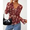 imageBTFBM Button Down Shirts for Women Fall Fashion 2025 V Neck Long Sleeve Blouse Ruched Mesh Fitted Floral Print Boho TopsBrown