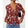 imageBTFBM Button Down Shirts for Women Fall Fashion 2025 V Neck Long Sleeve Blouse Ruched Mesh Fitted Floral Print Boho TopsBrown
