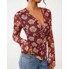 imageBTFBM Button Down Shirts for Women Fall Fashion 2025 V Neck Long Sleeve Blouse Ruched Mesh Fitted Floral Print Boho TopsBrown