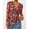 imageBTFBM Button Down Shirts for Women Fall Fashion 2025 V Neck Long Sleeve Blouse Ruched Mesh Fitted Floral Print Boho TopsBrown