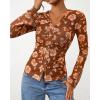 imageBTFBM Button Down Shirts for Women Fall Fashion 2025 V Neck Long Sleeve Blouse Ruched Mesh Fitted Floral Print Boho TopsKhaki