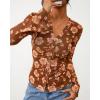 imageBTFBM Button Down Shirts for Women Fall Fashion 2025 V Neck Long Sleeve Blouse Ruched Mesh Fitted Floral Print Boho TopsKhaki
