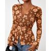 imageBTFBM Button Down Shirts for Women Fall Fashion 2025 V Neck Long Sleeve Blouse Ruched Mesh Fitted Floral Print Boho TopsKhaki