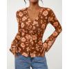 imageBTFBM Button Down Shirts for Women Fall Fashion 2025 V Neck Long Sleeve Blouse Ruched Mesh Fitted Floral Print Boho TopsKhaki