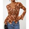 imageBTFBM Button Down Shirts for Women Fall Fashion 2025 V Neck Long Sleeve Blouse Ruched Mesh Fitted Floral Print Boho TopsKhaki