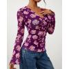 imageBTFBM Button Down Shirts for Women Fall Fashion 2025 V Neck Long Sleeve Blouse Ruched Mesh Fitted Floral Print Boho TopsPurple