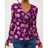 imageBTFBM Button Down Shirts for Women Fall Fashion 2025 V Neck Long Sleeve Blouse Ruched Mesh Fitted Floral Print Boho TopsPurple
