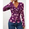 imageBTFBM Button Down Shirts for Women Fall Fashion 2025 V Neck Long Sleeve Blouse Ruched Mesh Fitted Floral Print Boho TopsPurple