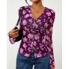 imageBTFBM Button Down Shirts for Women Fall Fashion 2025 V Neck Long Sleeve Blouse Ruched Mesh Fitted Floral Print Boho TopsPurple