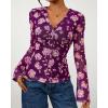 imageBTFBM Button Down Shirts for Women Fall Fashion 2025 V Neck Long Sleeve Blouse Ruched Mesh Fitted Floral Print Boho TopsPurple