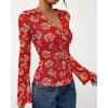 imageBTFBM Button Down Shirts for Women Fall Fashion 2025 V Neck Long Sleeve Blouse Ruched Mesh Fitted Floral Print Boho TopsRed