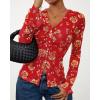 imageBTFBM Button Down Shirts for Women Fall Fashion 2025 V Neck Long Sleeve Blouse Ruched Mesh Fitted Floral Print Boho TopsRed