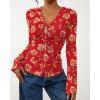 imageBTFBM Button Down Shirts for Women Fall Fashion 2025 V Neck Long Sleeve Blouse Ruched Mesh Fitted Floral Print Boho TopsRed