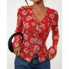 imageBTFBM Button Down Shirts for Women Fall Fashion 2025 V Neck Long Sleeve Blouse Ruched Mesh Fitted Floral Print Boho TopsRed
