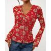 imageBTFBM Button Down Shirts for Women Fall Fashion 2025 V Neck Long Sleeve Blouse Ruched Mesh Fitted Floral Print Boho TopsRed
