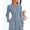imageBTFBM Fall Dresses for Women 2025 Casual Long Sleeve V Neck Elastic Waist Lightweight Maxi Wedding Guest Dress PocketsBlue Grey