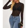 imageBTFBM Lace Tops for Women 2025 See Through Mesh Top Crew Neck Long Sleeve Fitted Sheer Party Club Outfits Fall FashionBlack