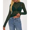 imageBTFBM Lace Tops for Women 2025 See Through Mesh Top Crew Neck Long Sleeve Fitted Sheer Party Club Outfits Fall FashionDark Green
