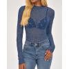imageBTFBM Lace Tops for Women 2025 See Through Mesh Top Crew Neck Long Sleeve Fitted Sheer Party Club Outfits Fall FashionGrey Blue