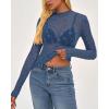 imageBTFBM Lace Tops for Women 2025 See Through Mesh Top Crew Neck Long Sleeve Fitted Sheer Party Club Outfits Fall FashionGrey Blue