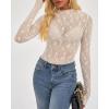 imageBTFBM Lace Tops for Women 2025 See Through Mesh Top Crew Neck Long Sleeve Fitted Sheer Party Club Outfits Fall FashionWhite