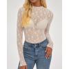 imageBTFBM Lace Tops for Women 2025 See Through Mesh Top Crew Neck Long Sleeve Fitted Sheer Party Club Outfits Fall FashionWhite
