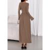 imageBTFBM Long Sleeve Maxi Dresses for Women 2025 Fall Casual Ruched Boat Neck Flowy Elegant Formal Wedding Guest DressKhaki