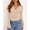 imageBTFBM Long Sleeve Shirts for Women 2025 Fall Fashion V Neck Knit Ruched Slim Fit Casual Basic Tees Going Out Tops Y2kBeige
