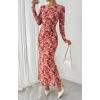 imageBTFBM Wedding Guest Dresses for Women Fall Fashion 2025 Bodycon Long Sleeve Boho Mesh Party Cocktail Floral Maxi DressApricot Red Flower