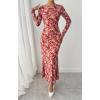 imageBTFBM Wedding Guest Dresses for Women Fall Fashion 2025 Bodycon Long Sleeve Boho Mesh Party Cocktail Floral Maxi DressApricot Red Flower