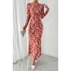 imageBTFBM Wedding Guest Dresses for Women Fall Fashion 2025 Bodycon Long Sleeve Boho Mesh Party Cocktail Floral Maxi DressApricot Red Flower