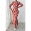 imageBTFBM Wedding Guest Dresses for Women Fall Fashion 2025 Bodycon Long Sleeve Boho Mesh Party Cocktail Floral Maxi DressApricot Red Flower