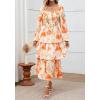 imageBTFBM Womens Fall Boho Floral Maxi Dresses 2025 Casual Long Sleeve Square Neck Flowy Tiered Ruffle Wedding Guest DressFloral Apricot Orange