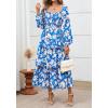 imageBTFBM Womens Fall Boho Floral Maxi Dresses 2025 Casual Long Sleeve Square Neck Flowy Tiered Ruffle Wedding Guest DressFloral Blue White