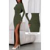 imageBTFBM Womens Formal Dresses 2025 Fall Long Sleeve Mock Neck Ruched Bodycon Slit Maxi Wedding Guest Cocktail DressArmy Green