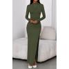 imageBTFBM Womens Formal Dresses 2025 Fall Long Sleeve Mock Neck Ruched Bodycon Slit Maxi Wedding Guest Cocktail DressArmy Green