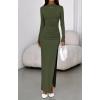 imageBTFBM Womens Formal Dresses 2025 Fall Long Sleeve Mock Neck Ruched Bodycon Slit Maxi Wedding Guest Cocktail DressArmy Green