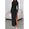 imageBTFBM Womens Formal Dresses 2025 Fall Long Sleeve Mock Neck Ruched Bodycon Slit Maxi Wedding Guest Cocktail DressBlack