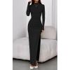 imageBTFBM Womens Formal Dresses 2025 Fall Long Sleeve Mock Neck Ruched Bodycon Slit Maxi Wedding Guest Cocktail DressBlack