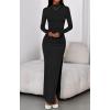imageBTFBM Womens Formal Dresses 2025 Fall Long Sleeve Mock Neck Ruched Bodycon Slit Maxi Wedding Guest Cocktail DressBlack