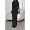 imageBTFBM Womens Formal Dresses 2025 Fall Long Sleeve Mock Neck Ruched Bodycon Slit Maxi Wedding Guest Cocktail DressBlack